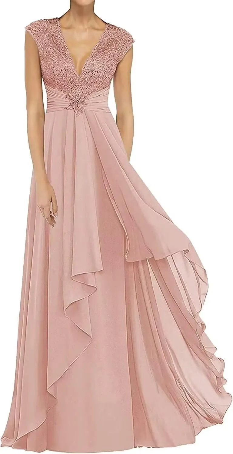 Lace Appliques Mother of The Bride Dresses for Wedding V Neck Formal Dresses for Women Evening Party