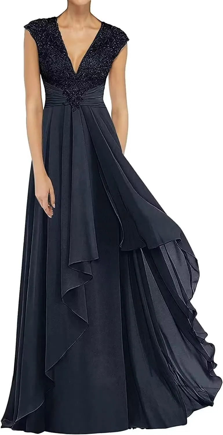 Lace Appliques Mother of The Bride Dresses for Wedding V Neck Formal Dresses for Women Evening Party
