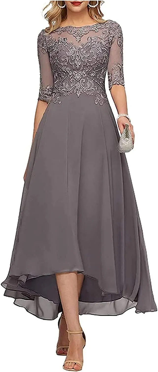Lace Chiffon Mother of The Bride Dresses for Wedding Tea Length Formal Evening Gowns with Sleeves A line Tea Length