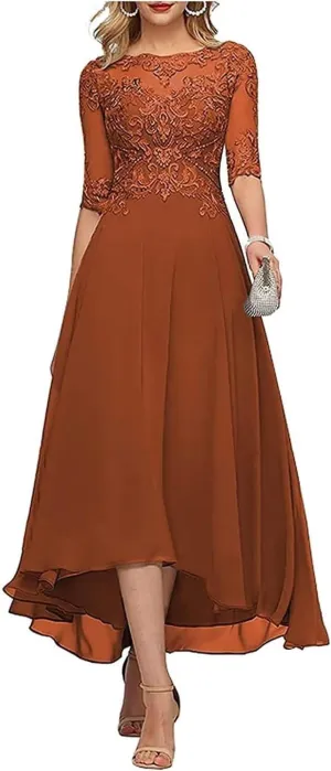 Lace Chiffon Mother of The Bride Dresses for Wedding Tea Length Formal Evening Gowns with Sleeves A line Tea Length
