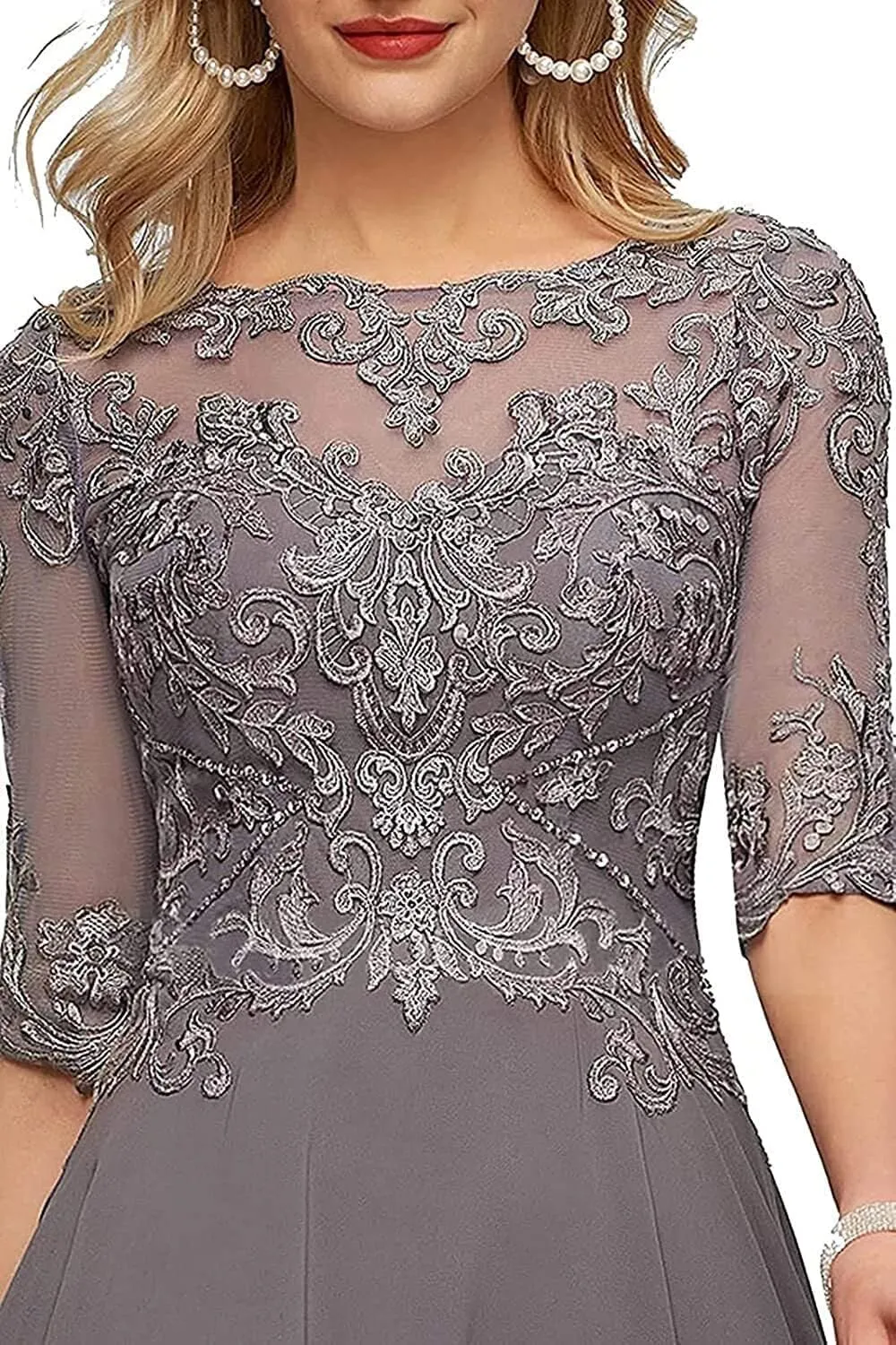 Lace Chiffon Mother of The Bride Dresses for Wedding Tea Length Formal Evening Gowns with Sleeves A line Tea Length