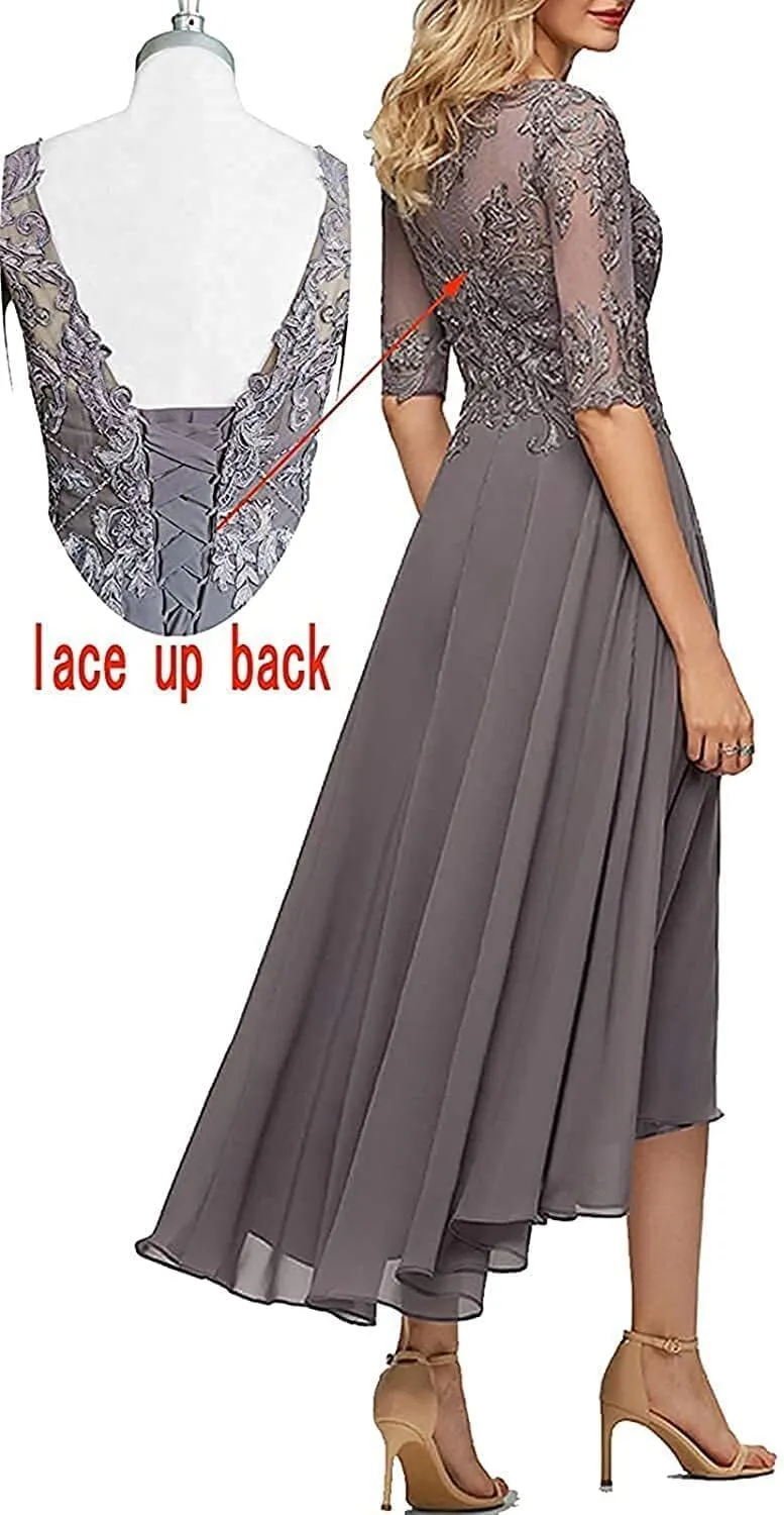 Lace Chiffon Mother of The Bride Dresses for Wedding Tea Length Formal Evening Gowns with Sleeves A line Tea Length