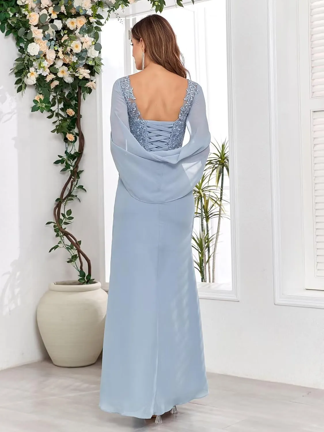 Lace Chiffon Mother of The Bride Dresses for Women Long Mermaid Cape Sleeve Formal Evening Gown