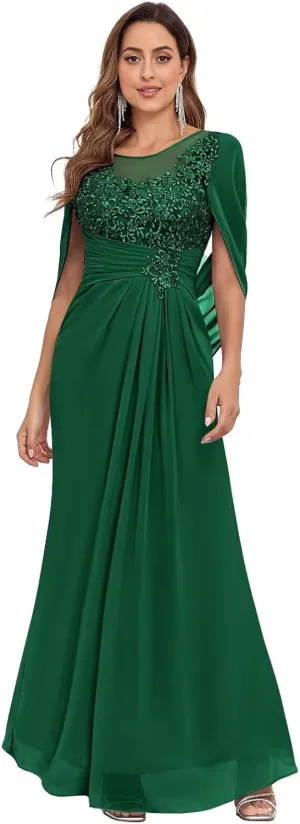 Lace Chiffon Mother of The Bride Dresses for Women Long Mermaid Cape Sleeve Formal Evening Gown