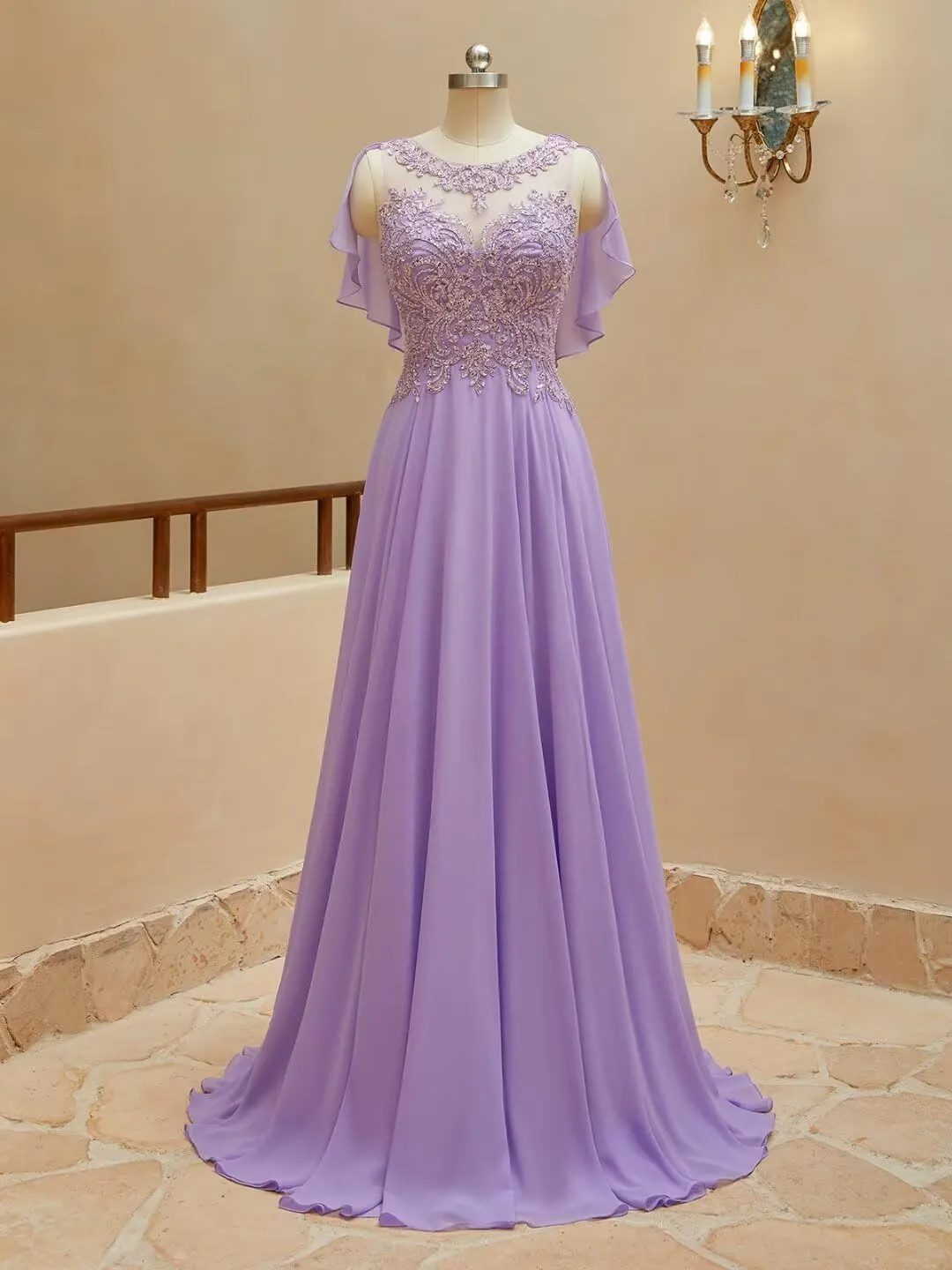 Lace Chiffon Mother of The Bride Dresses Long for Women Beaded Scoop Neck Bridesmaid Dresses Cape Sleeve Formal Evening Gown
