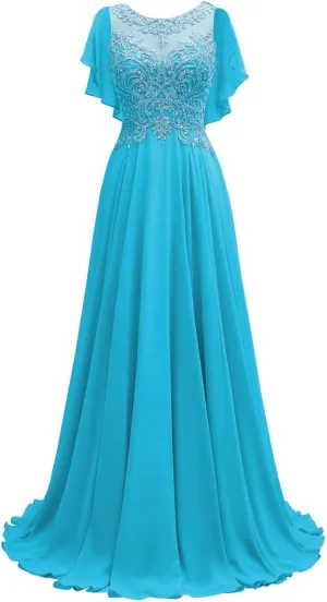 Lace Chiffon Mother of The Bride Dresses Long for Women Beaded Scoop Neck Bridesmaid Dresses Cape Sleeve Formal Evening Gown