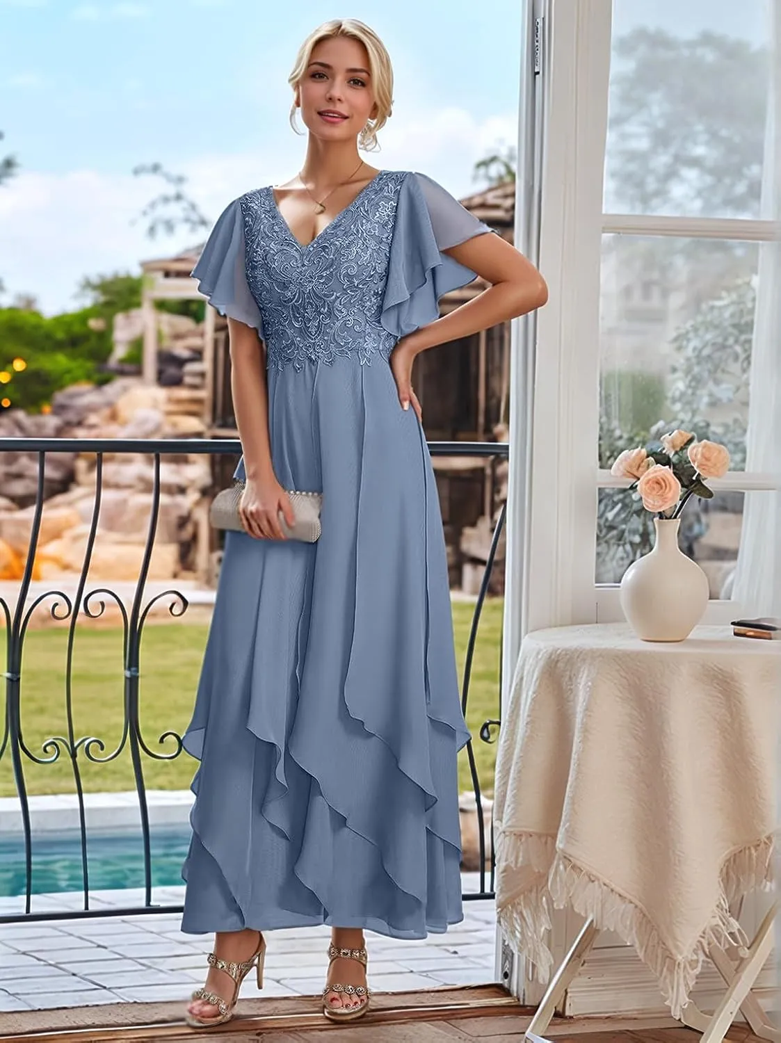 Lace Mother of Bride Dresses for Wedding Ankle Length Ruffles Short Sleeve Chiffon Formal Evening Dress