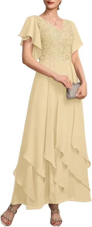 Lace Mother of Bride Dresses for Wedding Ankle Length Ruffles Short Sleeve Chiffon Formal Evening Dress