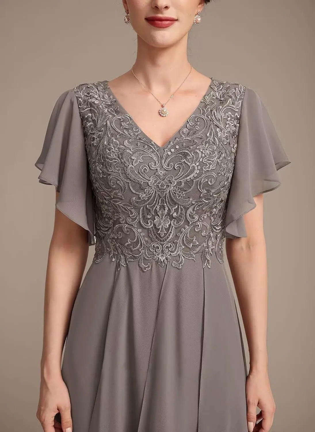 Lace Mother of Bride Dresses for Wedding Ankle Length Ruffles Short Sleeve Chiffon Formal Evening Dress