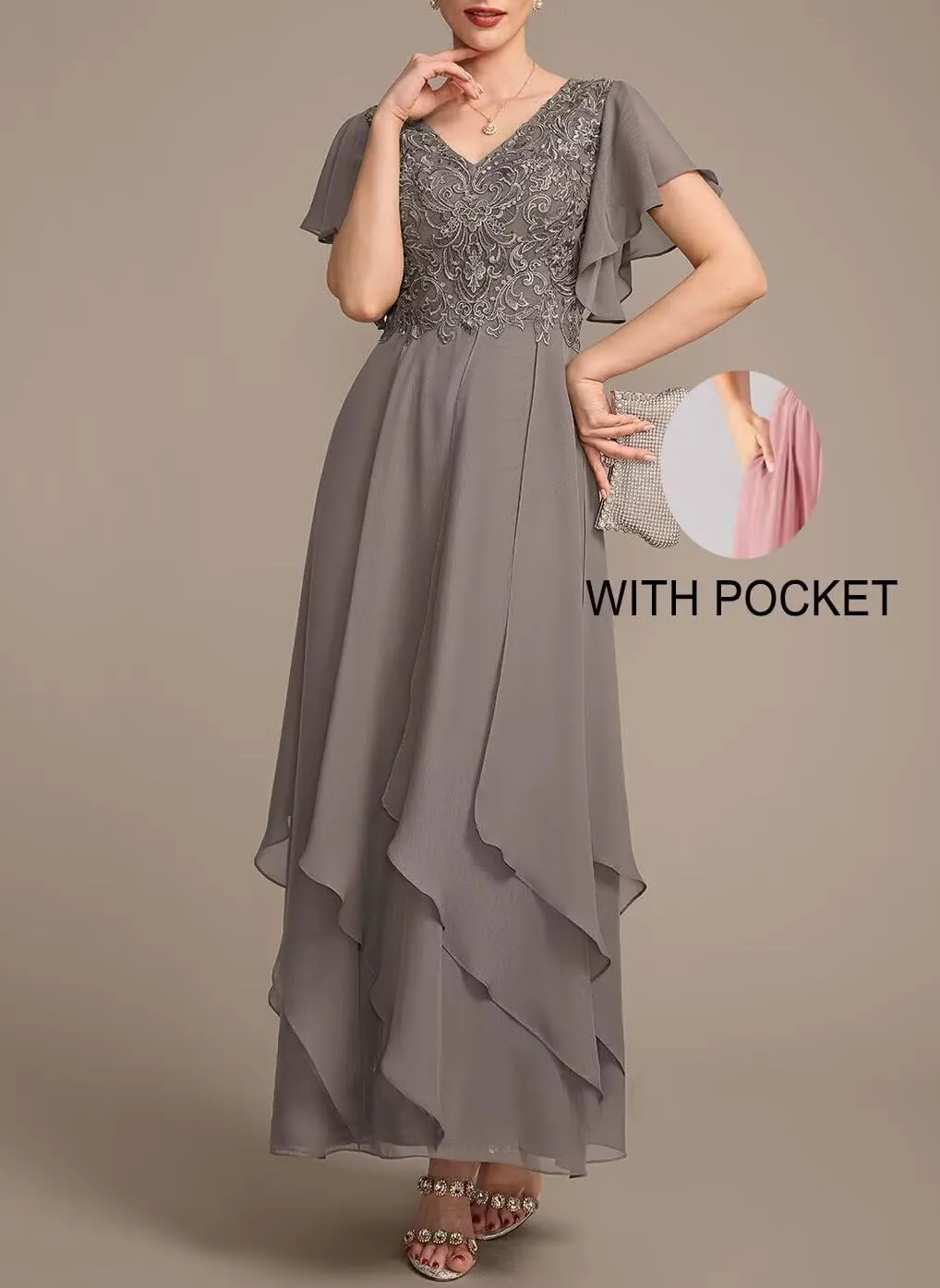 Lace Mother of Bride Dresses for Wedding Ankle Length Ruffles Short Sleeve Chiffon Formal Evening Dress