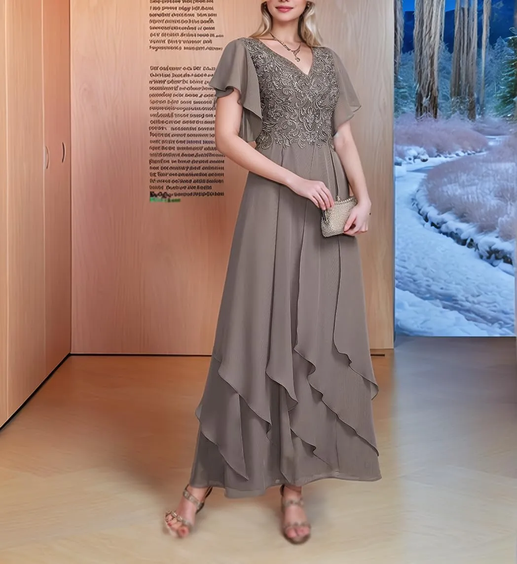 Lace Mother of Bride Dresses for Wedding Ankle Length Ruffles Short Sleeve Chiffon Formal Evening Dress
