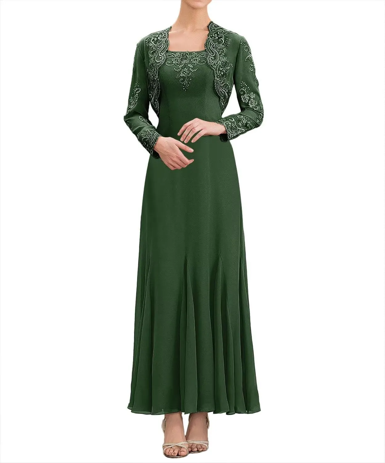 Lace Mother of The Bride Dresses with Jacket Long Sleeve Chiffon Ruffle Wedding Guest Dresses for Women