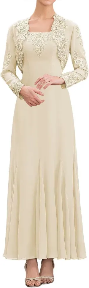 Lace Mother of The Bride Dresses with Jacket Long Sleeve Chiffon Ruffle Wedding Guest Dresses for Women