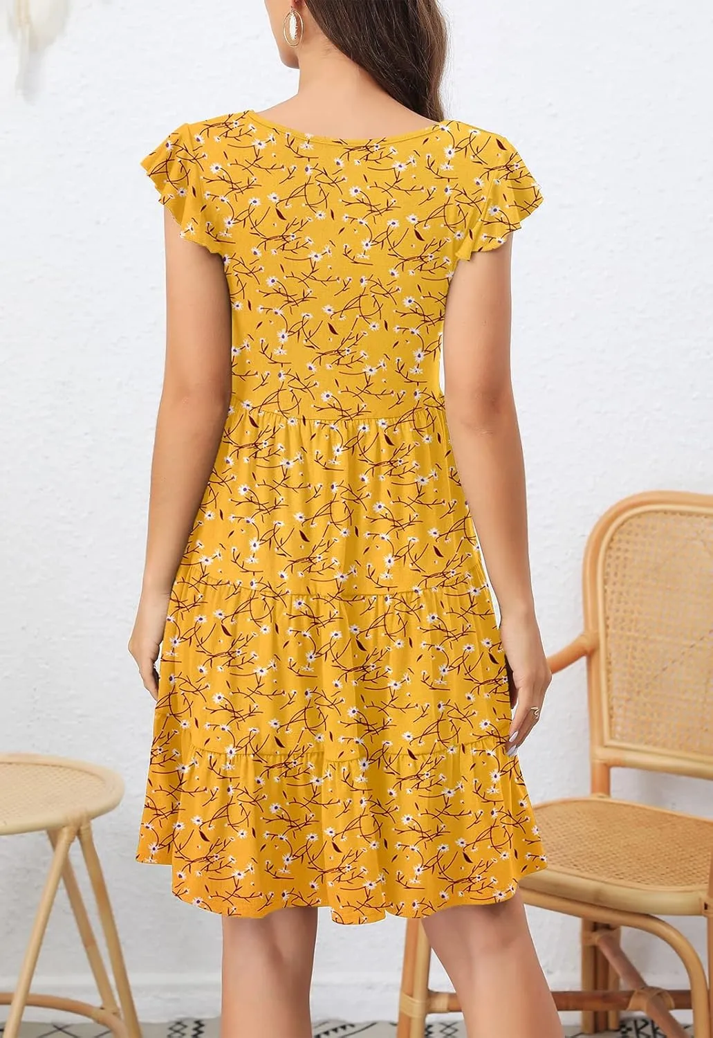 Lamilus Summer Dresses for Women 2023 Casual V Neck Button Down Ruffle Sleeve Short Tiered Baby Doll Beach Swing Sundresses
