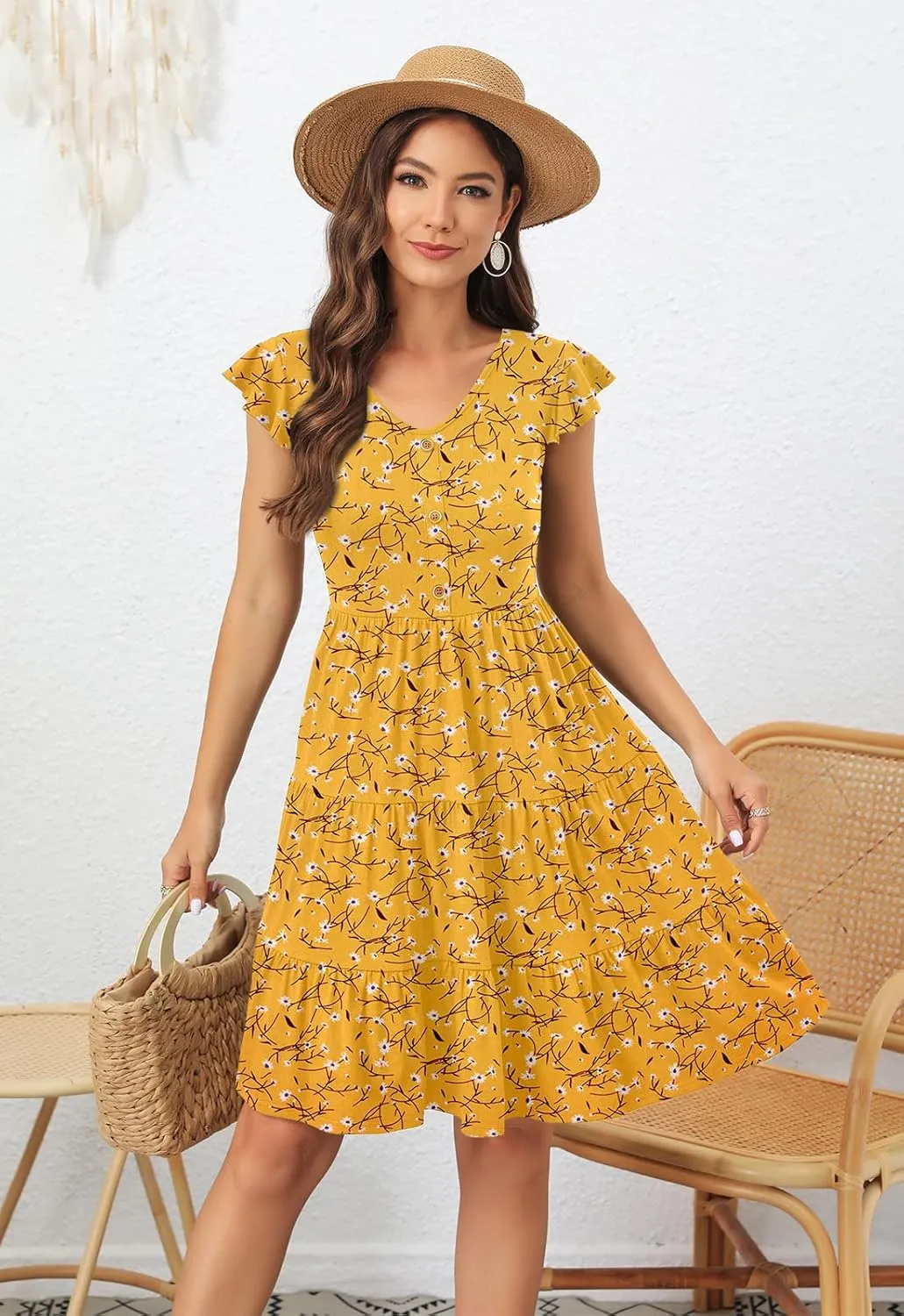Lamilus Summer Dresses for Women 2023 Casual V Neck Button Down Ruffle Sleeve Short Tiered Baby Doll Beach Swing Sundresses