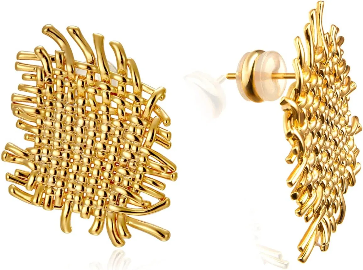 LecAit Gold Statement Earrings for Women,Flat Woven Texture Stud Earrings 925 Sterling Silver Post Hypoallergenic Earrings for Women Girls Jewelry Gifts