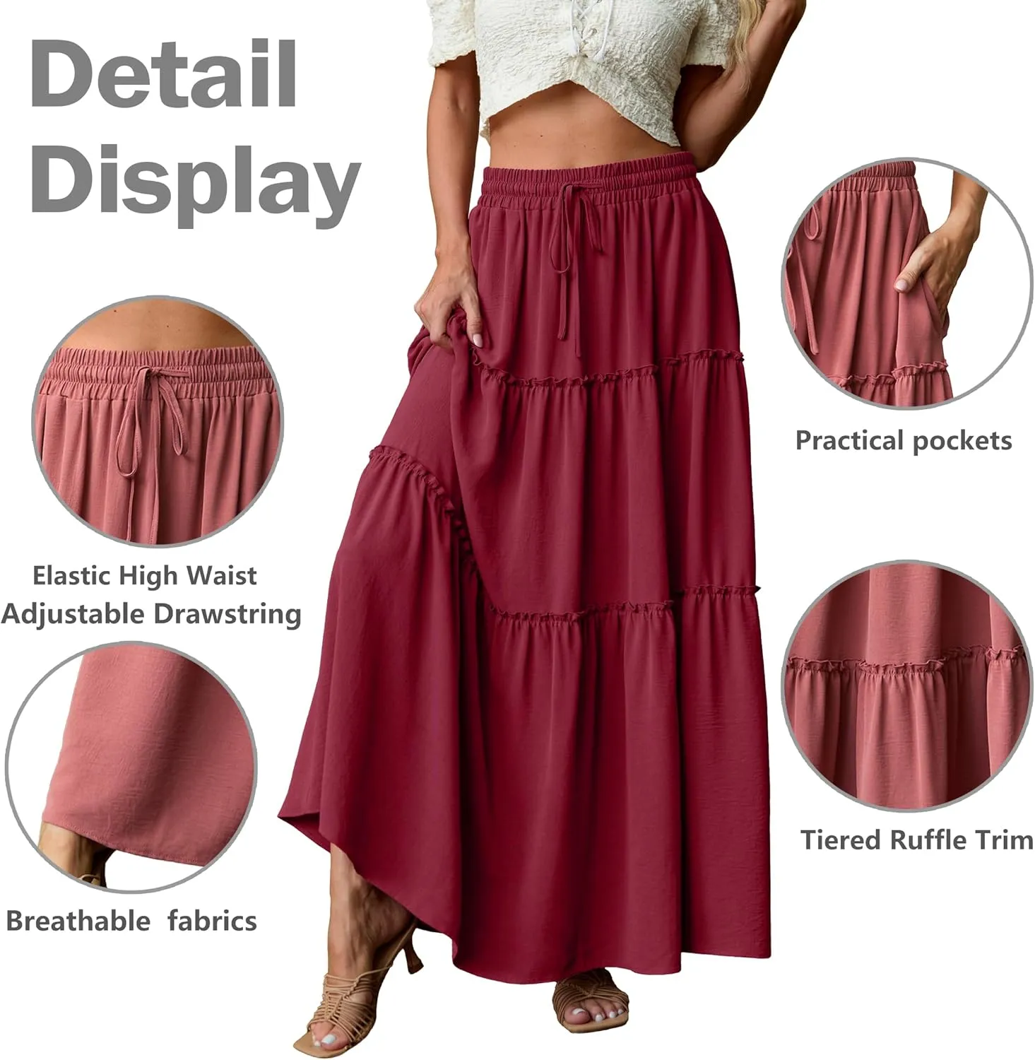 Lepunuo Womens Casual Boho High Waisted Flowy Maxi Skirts Trendy Floral Cute Long Skirts with Pockets