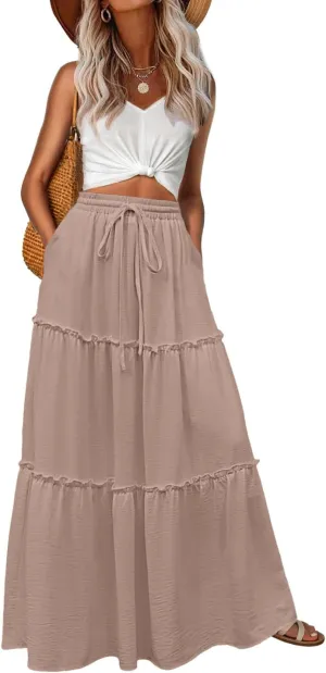Lepunuo Womens Casual Boho High Waisted Flowy Maxi Skirts Trendy Floral Cute Long Skirts with Pockets