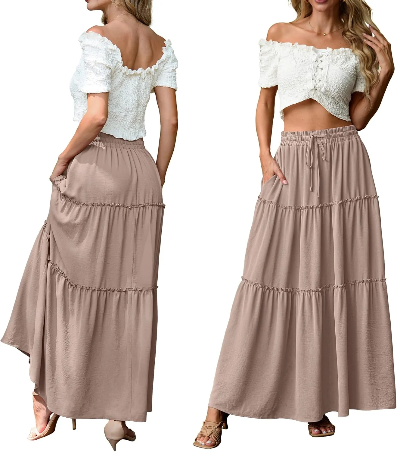 Lepunuo Womens Casual Boho High Waisted Flowy Maxi Skirts Trendy Floral Cute Long Skirts with Pockets
