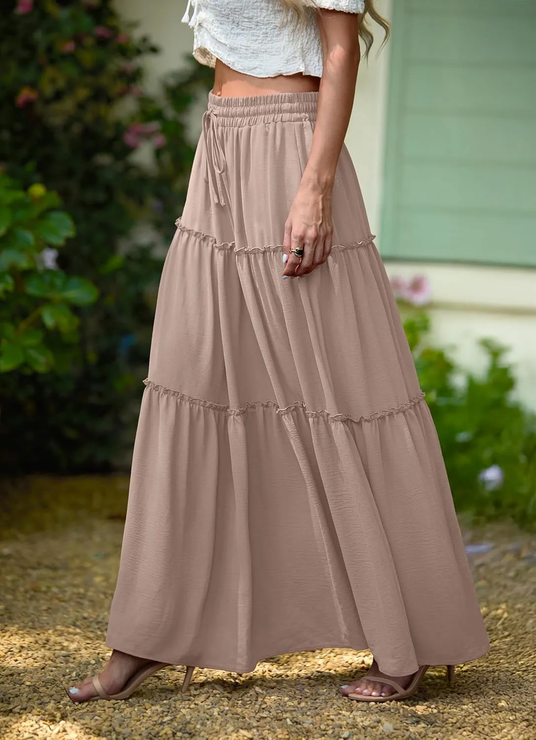 Lepunuo Womens Casual Boho High Waisted Flowy Maxi Skirts Trendy Floral Cute Long Skirts with Pockets