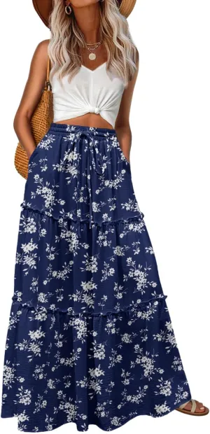 Lepunuo Womens Casual Boho High Waisted Flowy Maxi Skirts Trendy Floral Cute Long Skirts with Pockets