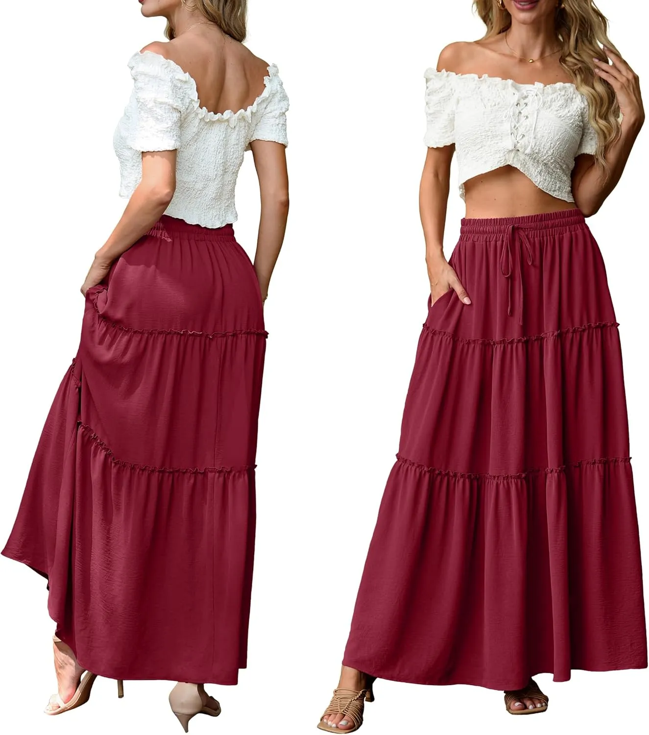 Lepunuo Womens Casual Boho High Waisted Flowy Maxi Skirts Trendy Floral Cute Long Skirts with Pockets