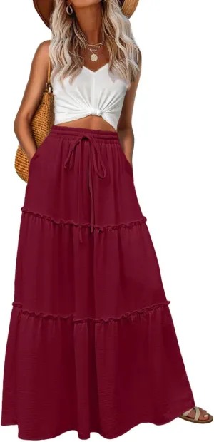 Lepunuo Womens Casual Boho High Waisted Flowy Maxi Skirts Trendy Floral Cute Long Skirts with Pockets