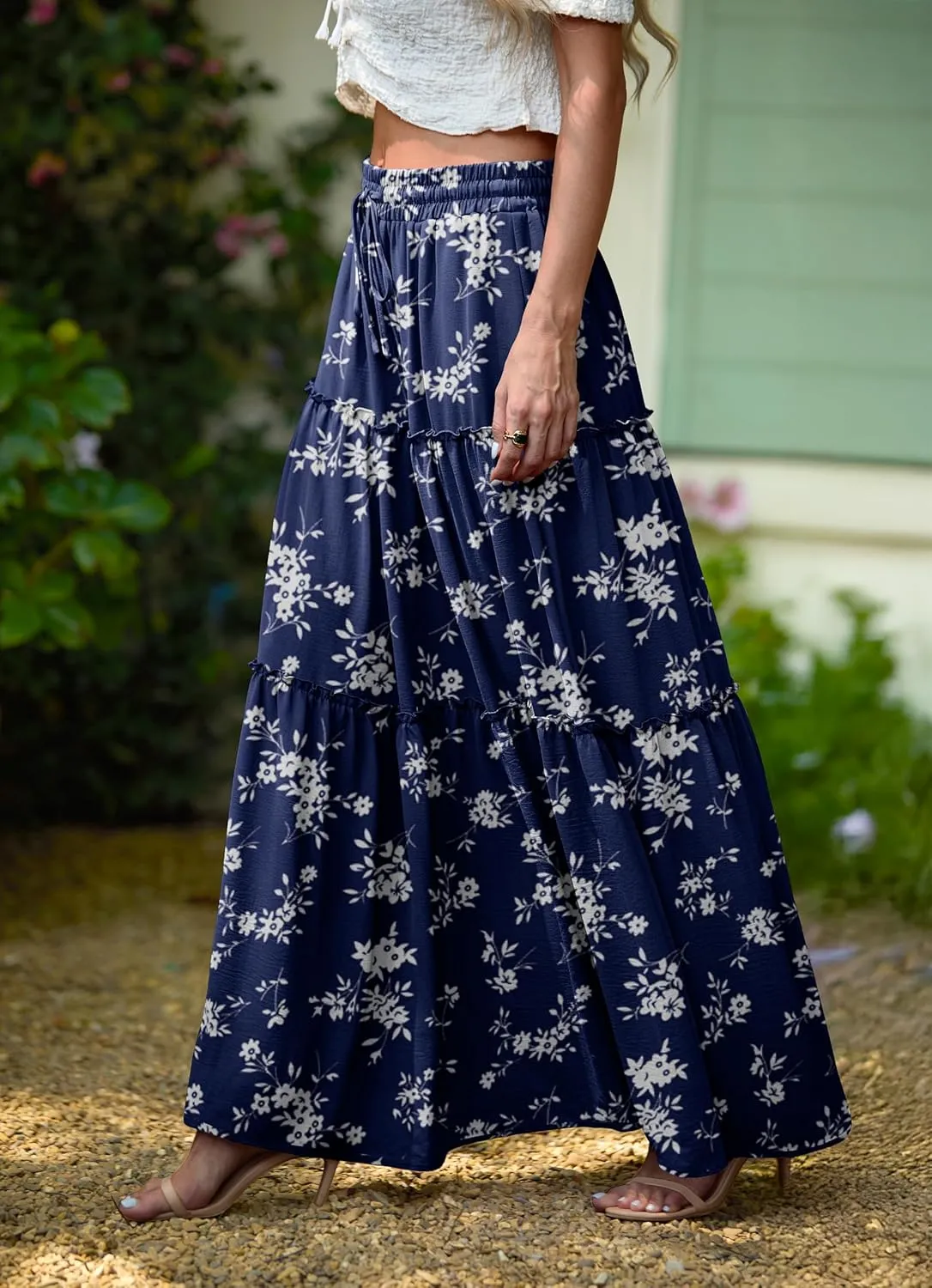 Lepunuo Womens Casual Boho High Waisted Flowy Maxi Skirts Trendy Floral Cute Long Skirts with Pockets