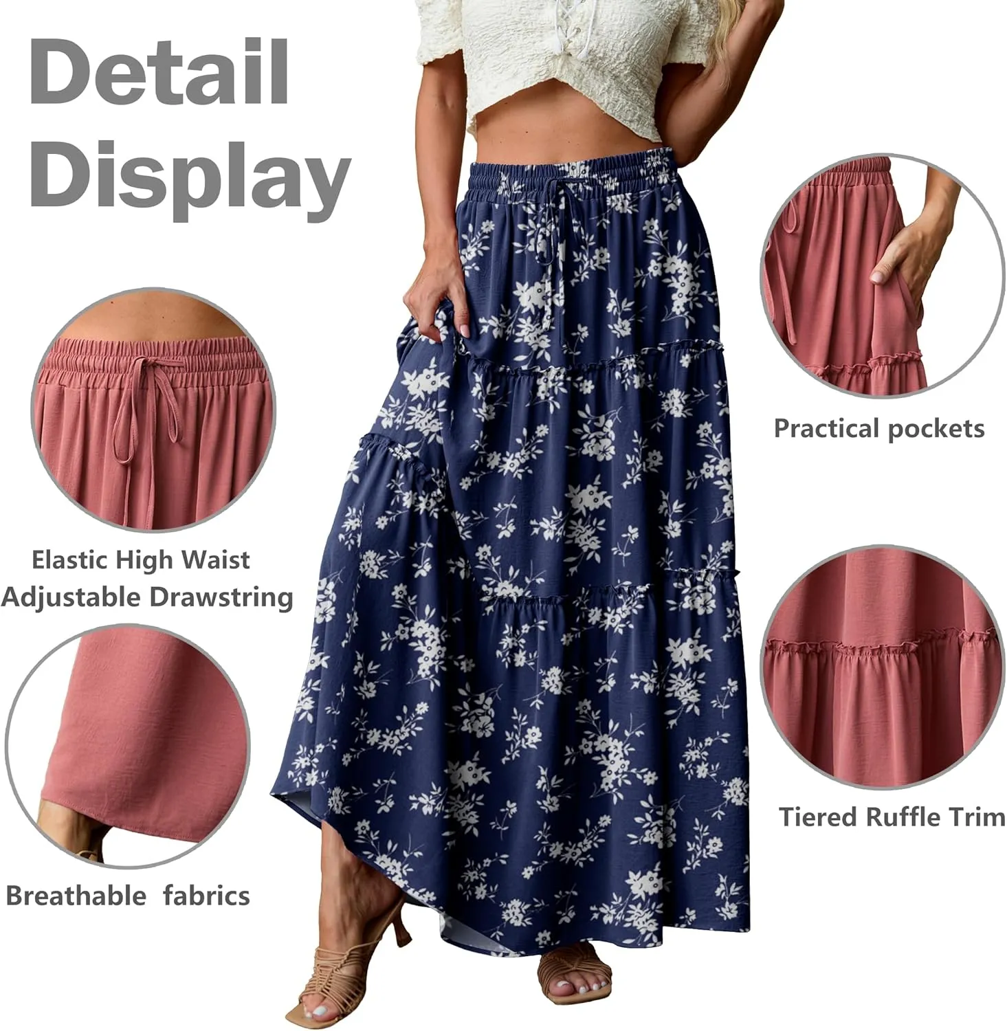Lepunuo Womens Casual Boho High Waisted Flowy Maxi Skirts Trendy Floral Cute Long Skirts with Pockets