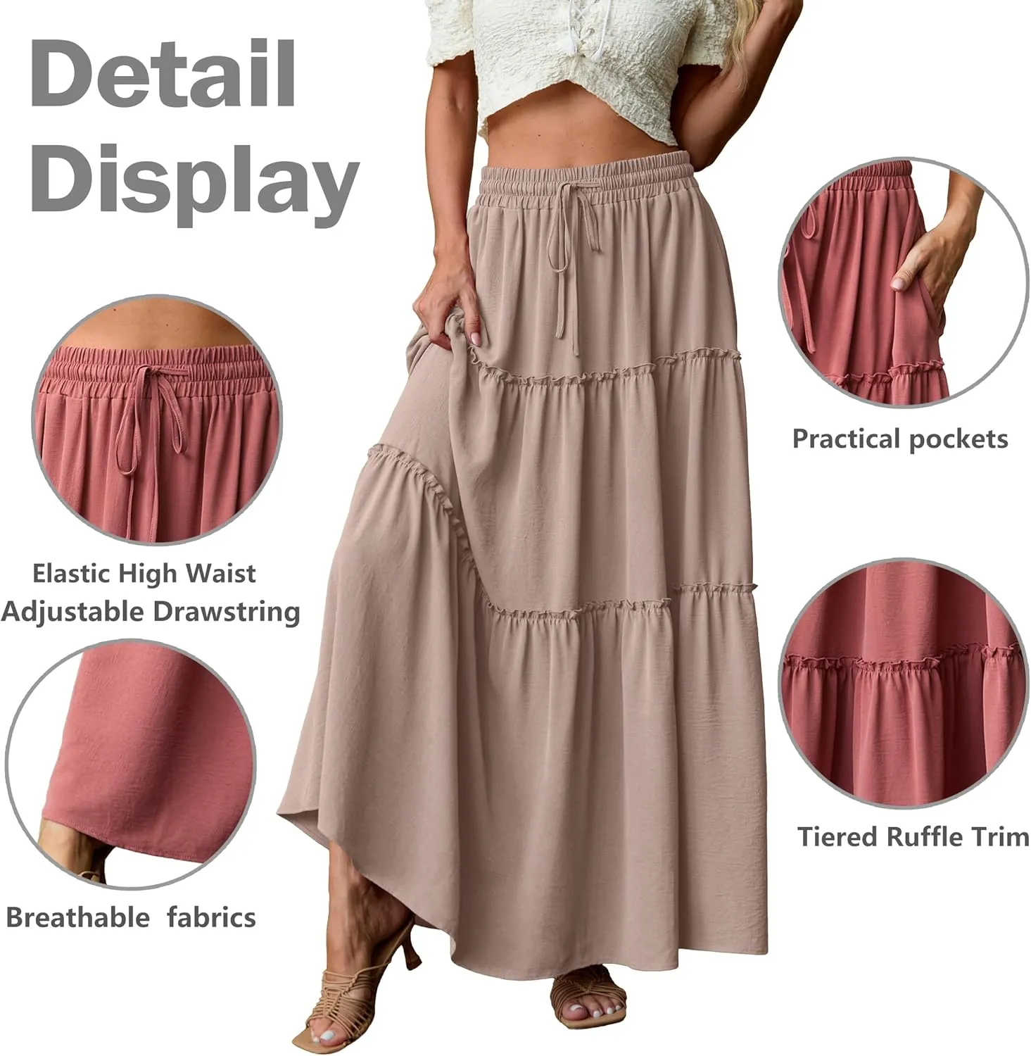Lepunuo Womens Casual Boho High Waisted Flowy Maxi Skirts Trendy Floral Cute Long Skirts with Pockets