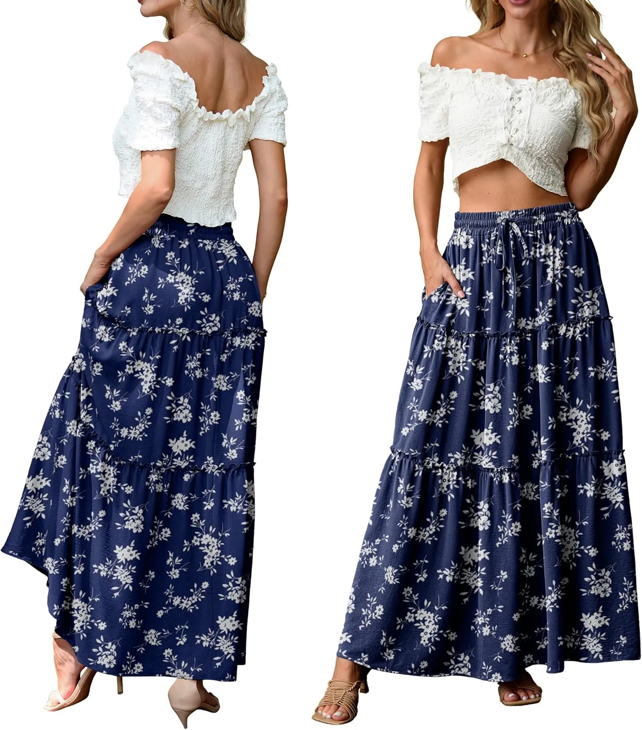 Lepunuo Womens Casual Boho High Waisted Flowy Maxi Skirts Trendy Floral Cute Long Skirts with Pockets