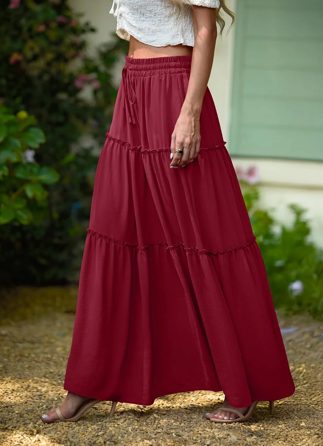 Lepunuo Womens Casual Boho High Waisted Flowy Maxi Skirts Trendy Floral Cute Long Skirts with Pockets