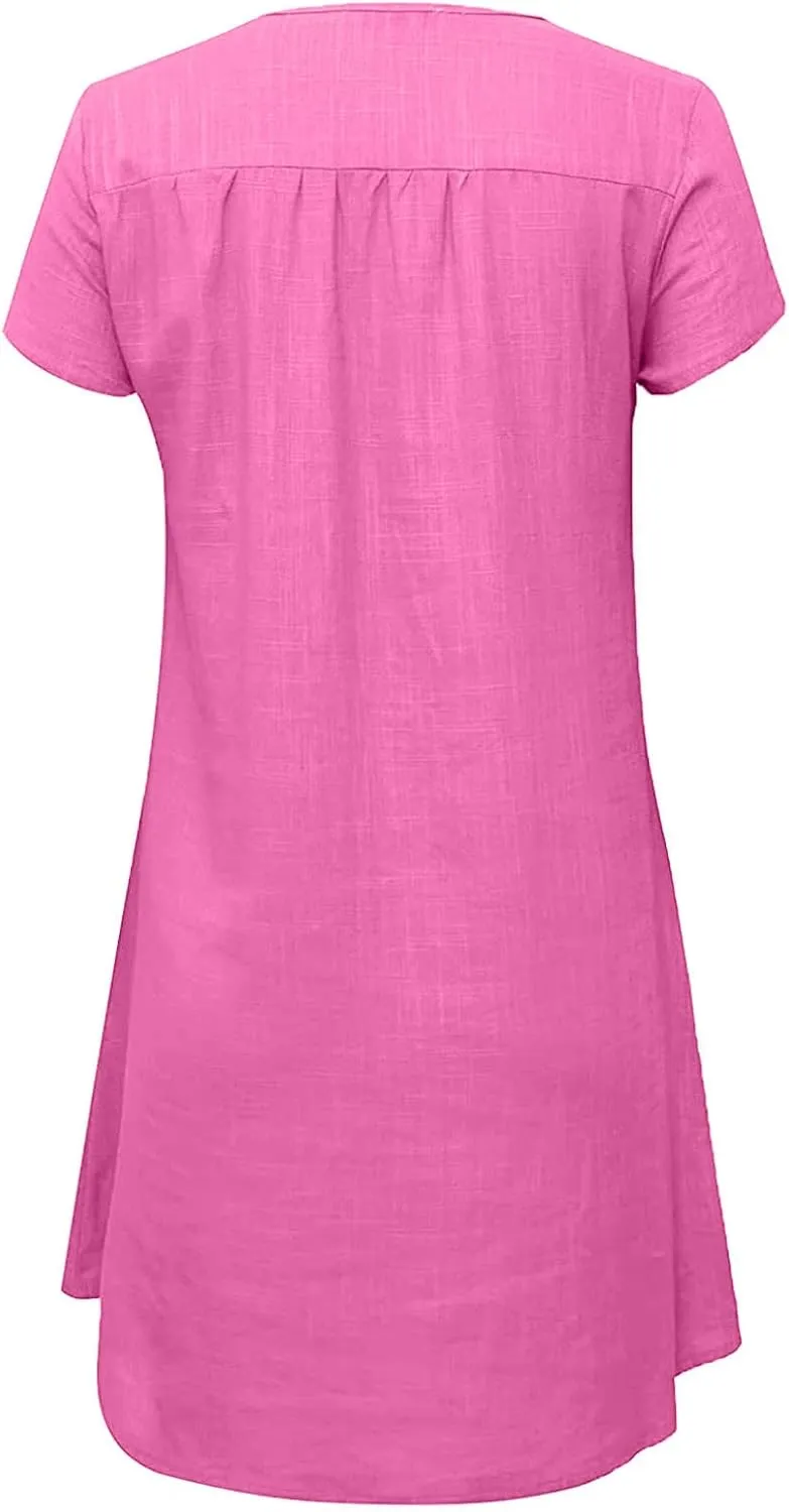 Linen Dress for Women Summer Casual V Neck Cover Ups Sundress Beach Vacation Clothes Plus Size Mini Tshirt Dresses