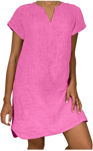 Linen Dress for Women Summer Casual V Neck Cover Ups Sundress Beach Vacation Clothes Plus Size Mini Tshirt Dresses