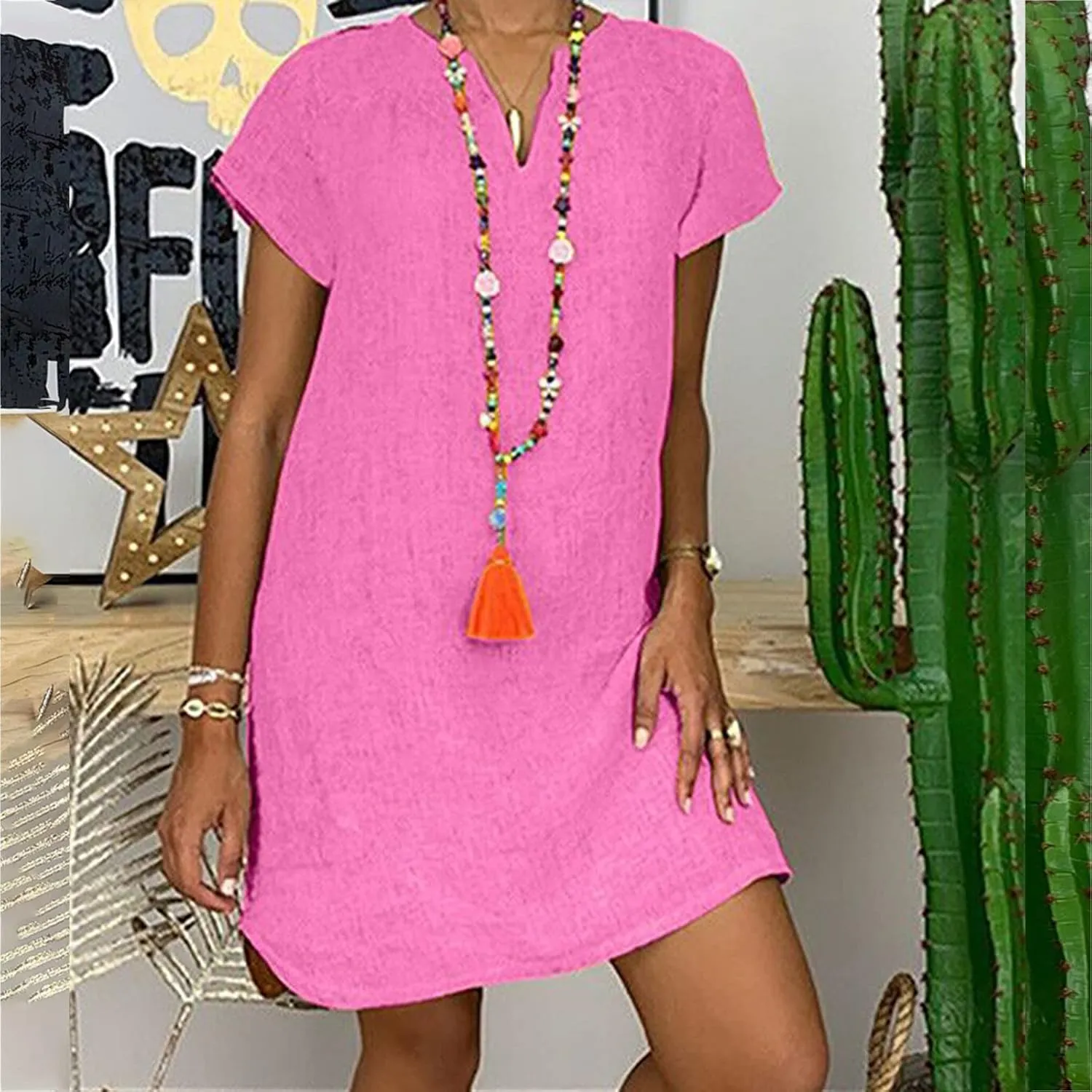 Linen Dress for Women Summer Casual V Neck Cover Ups Sundress Beach Vacation Clothes Plus Size Mini Tshirt Dresses