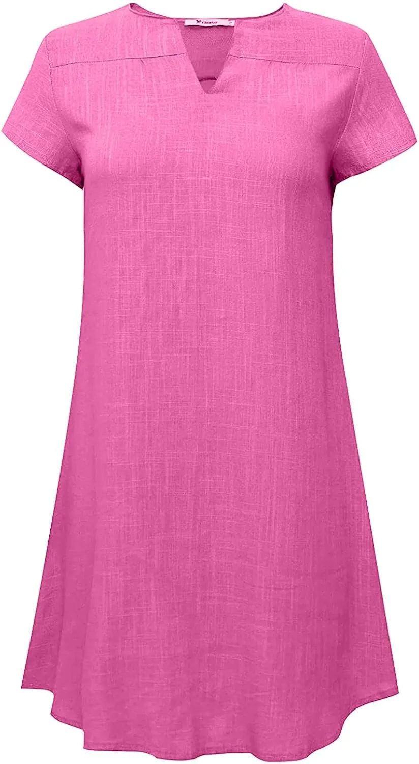 Linen Dress for Women Summer Casual V Neck Cover Ups Sundress Beach Vacation Clothes Plus Size Mini Tshirt Dresses