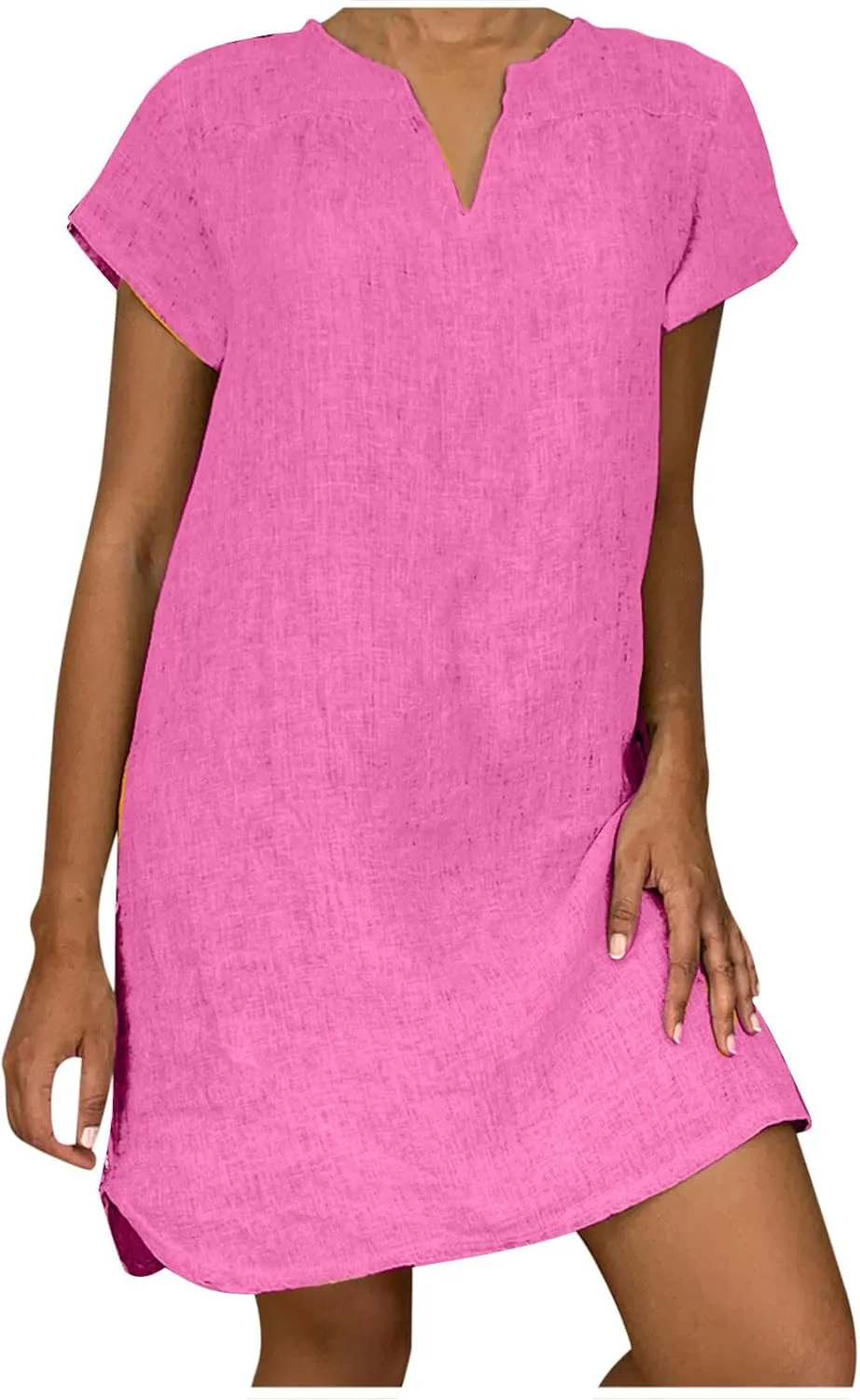 Linen Dress for Women Summer Casual V Neck Cover Ups Sundress Beach Vacation Clothes Plus Size Mini Tshirt Dresses