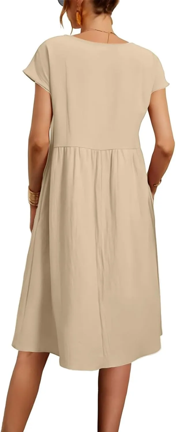 Linen Dresses for Women Summer Plus Size Short Sleeve Midi Dress Casual Fashion Beach Vacation Sundress with Pockets
