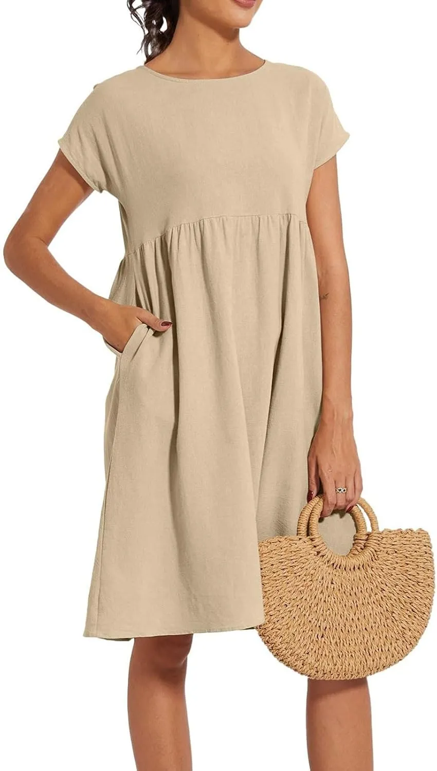 Linen Dresses for Women Summer Plus Size Short Sleeve Midi Dress Casual Fashion Beach Vacation Sundress with Pockets