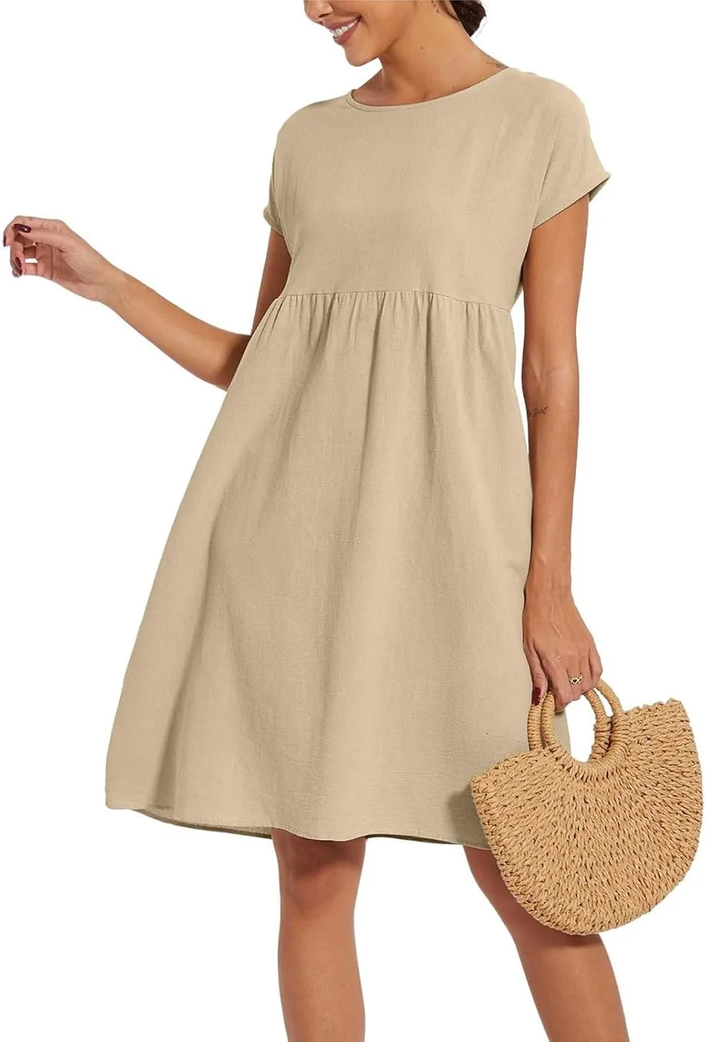 Linen Dresses for Women Summer Plus Size Short Sleeve Midi Dress Casual Fashion Beach Vacation Sundress with Pockets