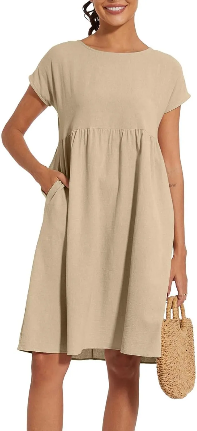 Linen Dresses for Women Summer Plus Size Short Sleeve Midi Dress Casual Fashion Beach Vacation Sundress with Pockets