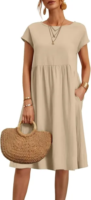 Linen Dresses for Women Summer Plus Size Short Sleeve Midi Dress Casual Fashion Beach Vacation Sundress with Pockets