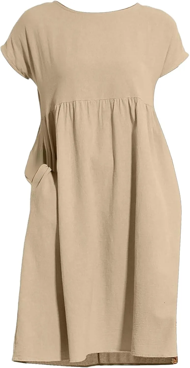 Linen Dresses for Women Summer Plus Size Short Sleeve Midi Dress Casual Fashion Beach Vacation Sundress with Pockets