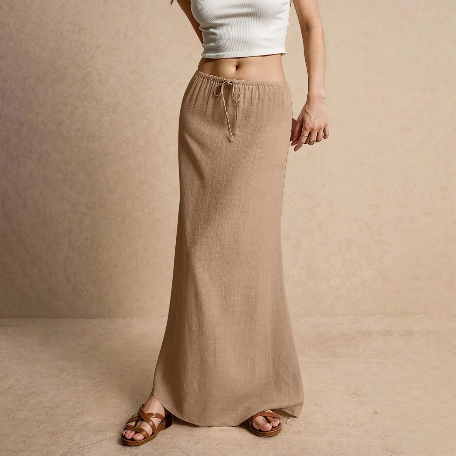 Linen Maxi Skirts for Women Summer 2025 Vacation Comfy Drawstring Low Waist A Line Skirt Long Flowy Skirt Cover Ups