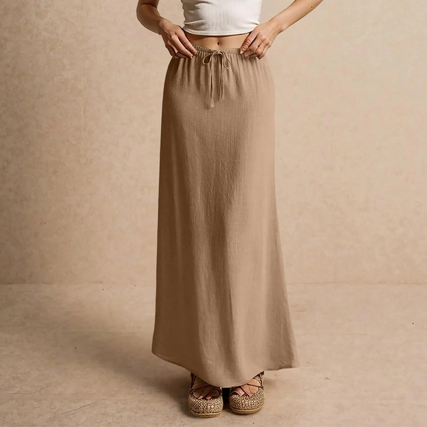 Linen Maxi Skirts for Women Summer 2025 Vacation Comfy Drawstring Low Waist A Line Skirt Long Flowy Skirt Cover Ups