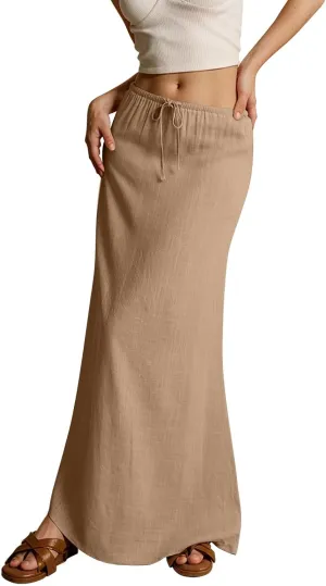 Linen Maxi Skirts for Women Summer 2025 Vacation Comfy Drawstring Low Waist A Line Skirt Long Flowy Skirt Cover Ups