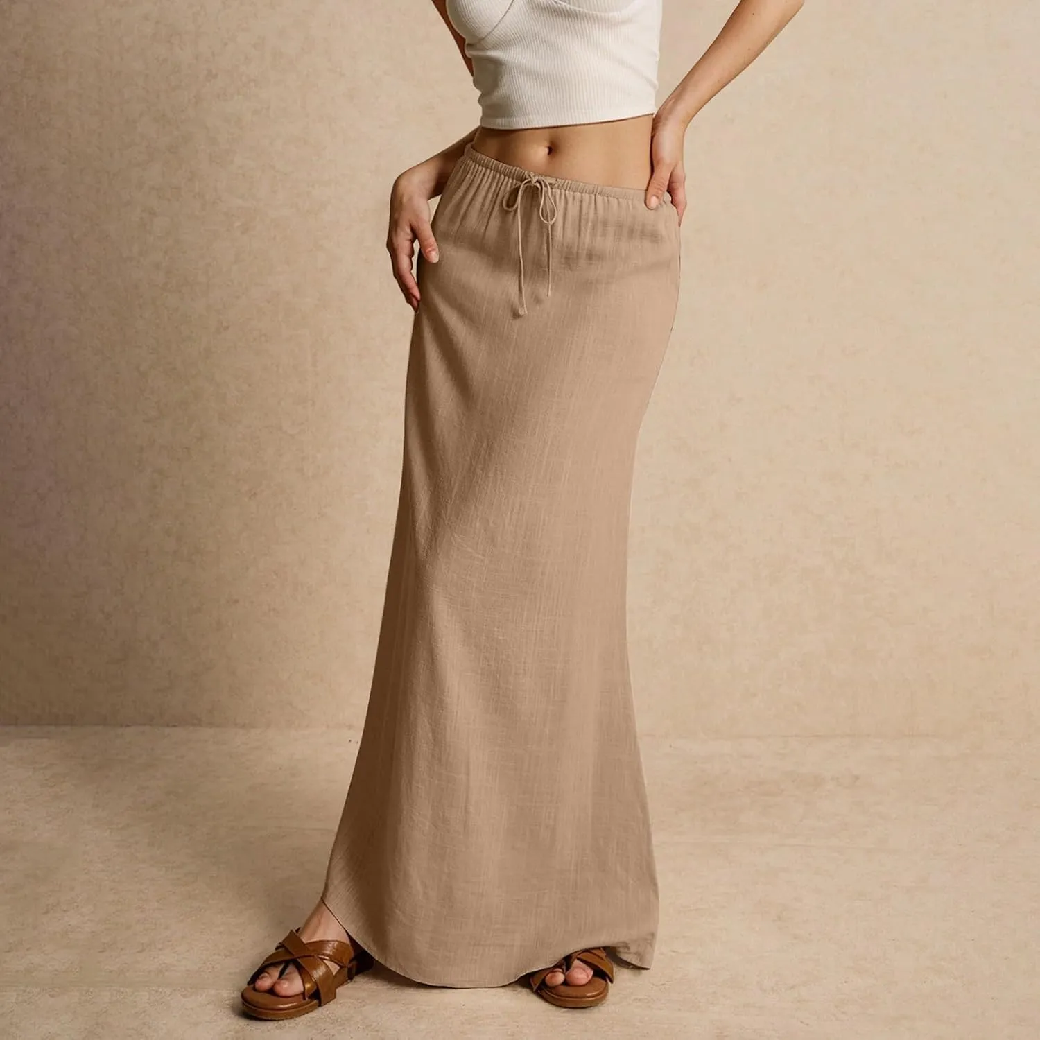Linen Maxi Skirts for Women Summer 2025 Vacation Comfy Drawstring Low Waist A Line Skirt Long Flowy Skirt Cover Ups