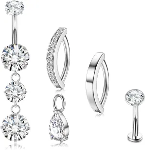 LOLIAS Gold Plated Belly Button Rings 14G Surgical Stainless Steel Belly Rings Hypoallergenic Clicker Belly Button Piercings for Women CZ Dangle Navel Piercing Jewelry Silver