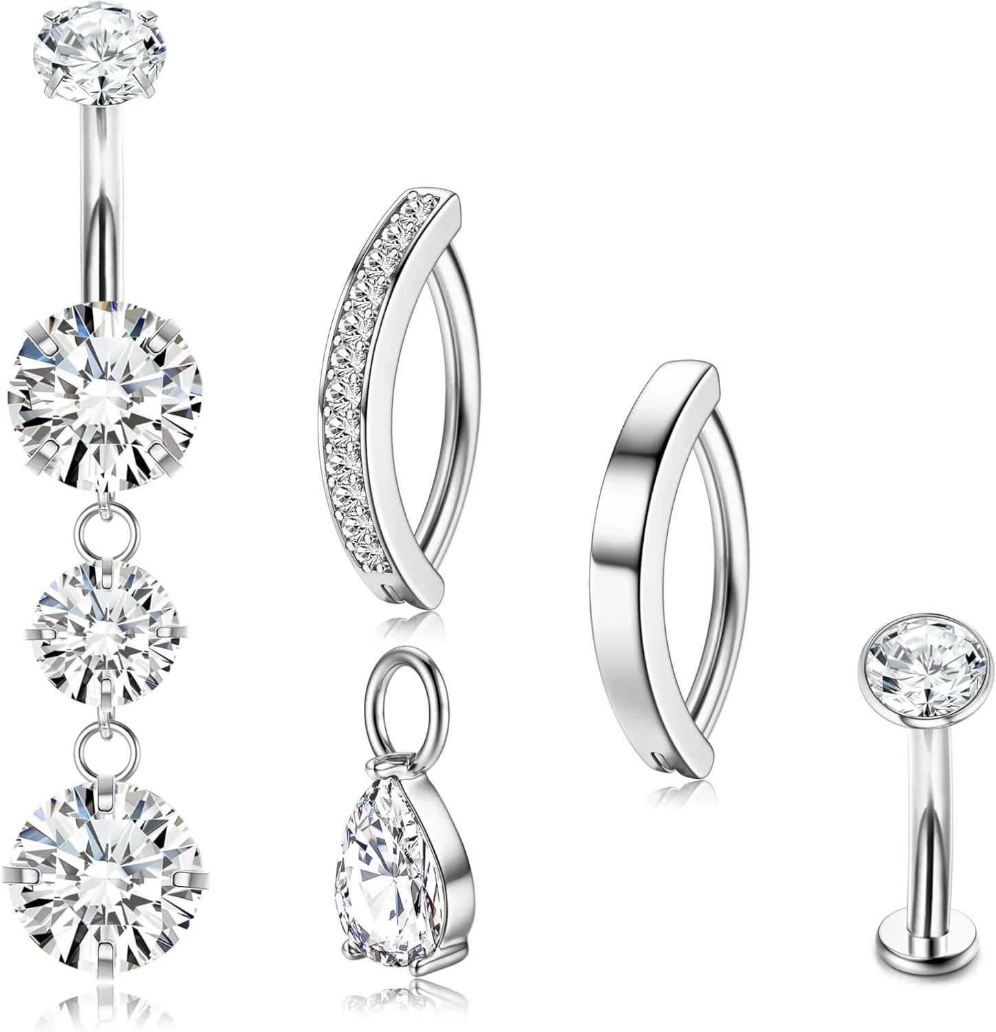 LOLIAS Gold Plated Belly Button Rings 14G Surgical Stainless Steel Belly Rings Hypoallergenic Clicker Belly Button Piercings for Women CZ Dangle Navel Piercing Jewelry Silver