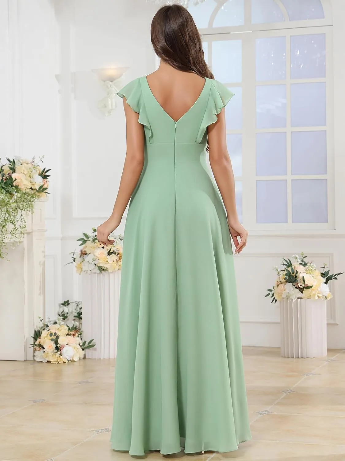 Long Chiffon Birdsmaid Dresses with Sleeves Floral Ruffle Formal Dress for Women with Slit